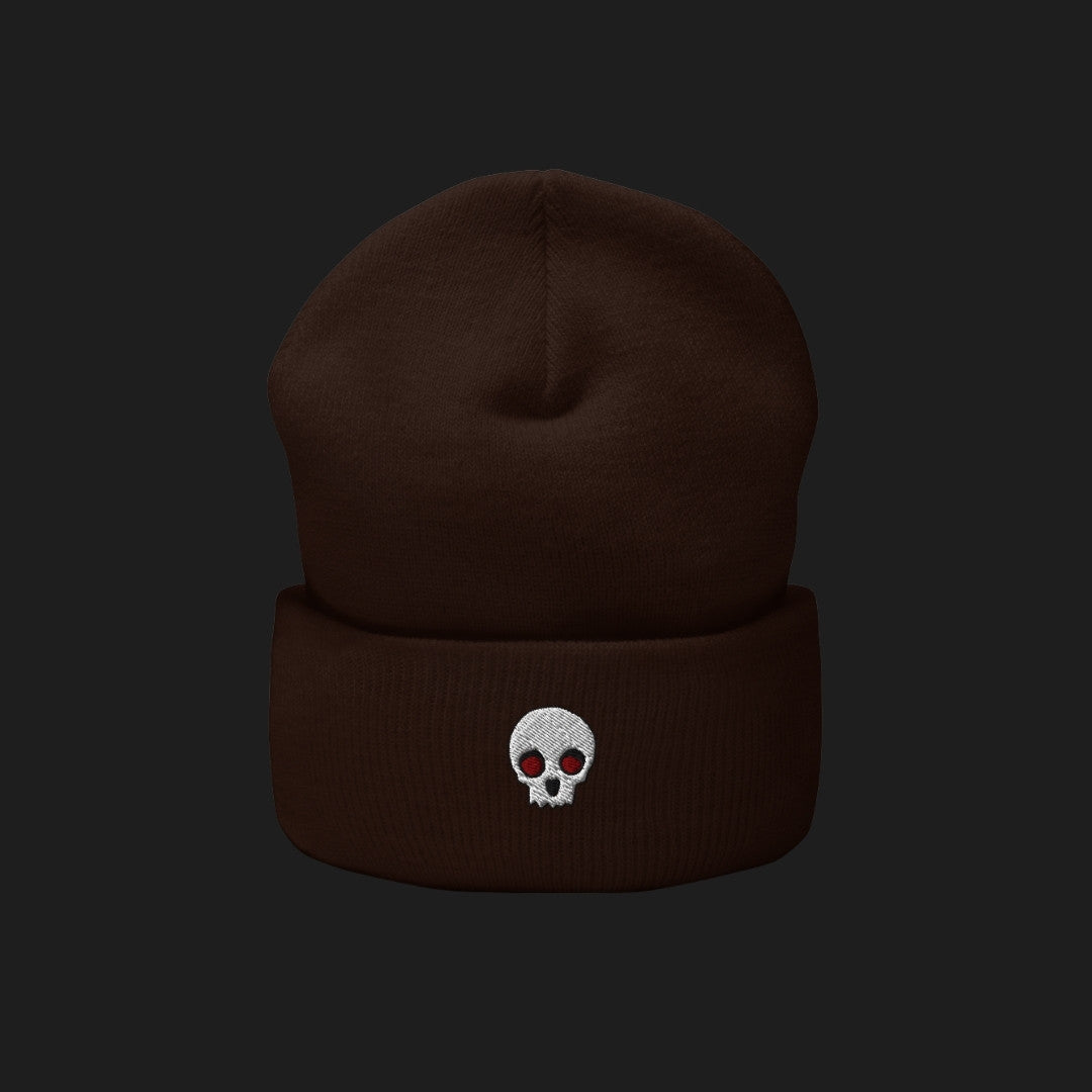 a cuffed beanie with a clean minimalistic skull embroidery
