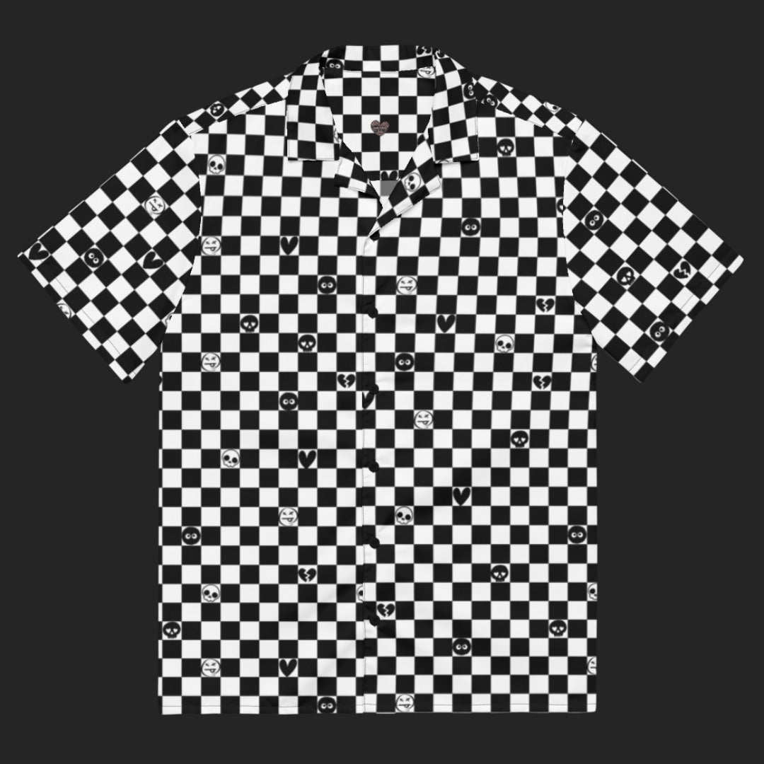 a black and white checkered button up shirt with emo symbols