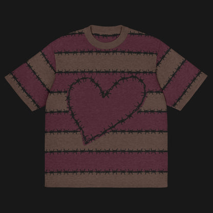 A jacquard knitted tee in dark moody shades, featuring stripes and a large heart lined with barbed wire