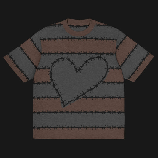 A jacquard knitted tee in dark moody shades, featuring stripes and a large heart lined with barbed wire