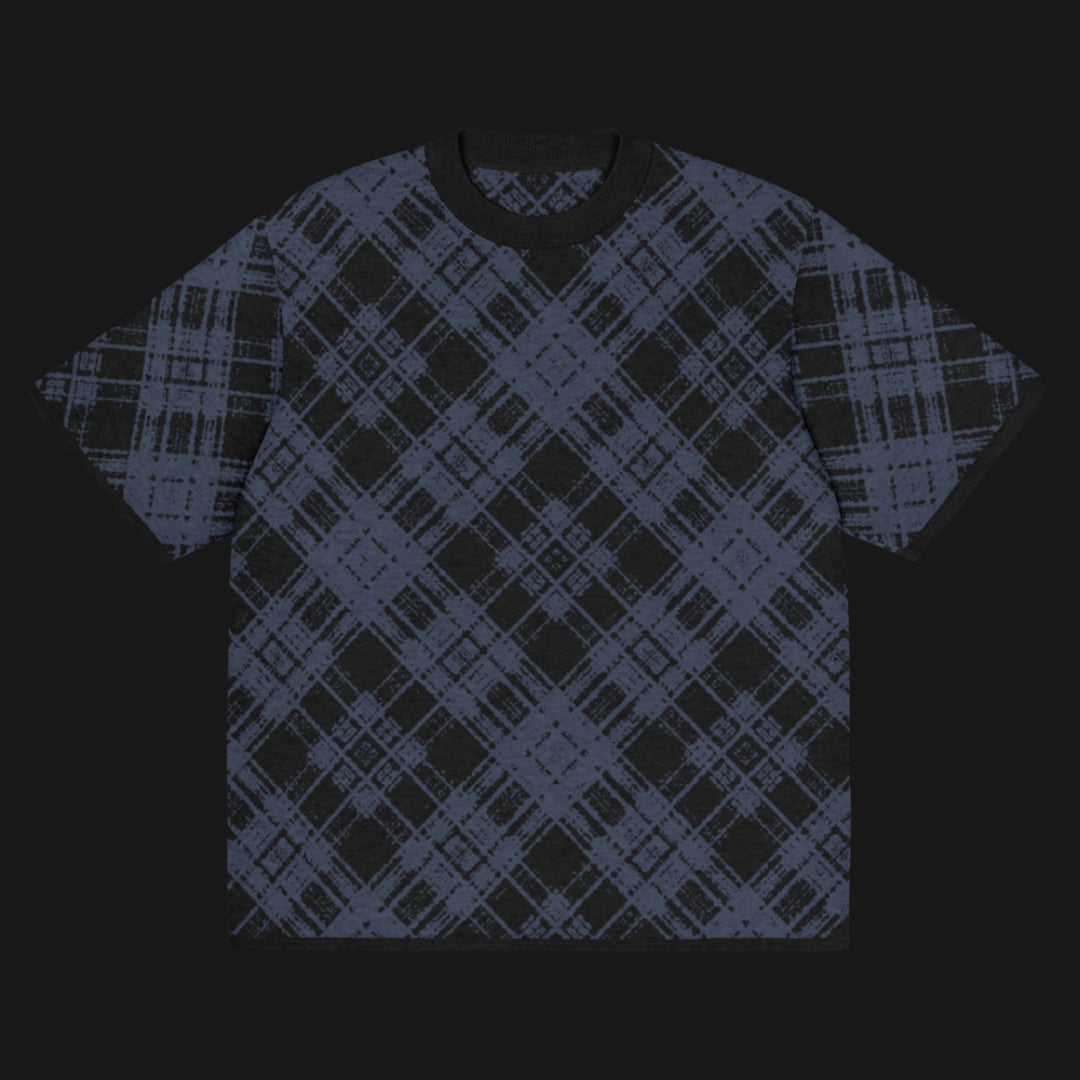 A dark black and blue broken plaid pattern knitted tee
