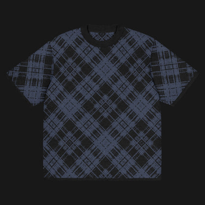 A dark black and blue broken plaid pattern knitted tee