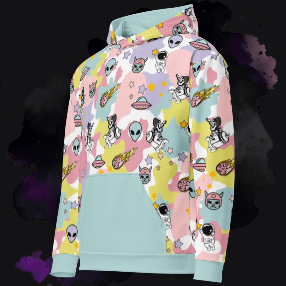 A colorful ice cream cosmos hoodie in maximalist y2k revival spacecore style.