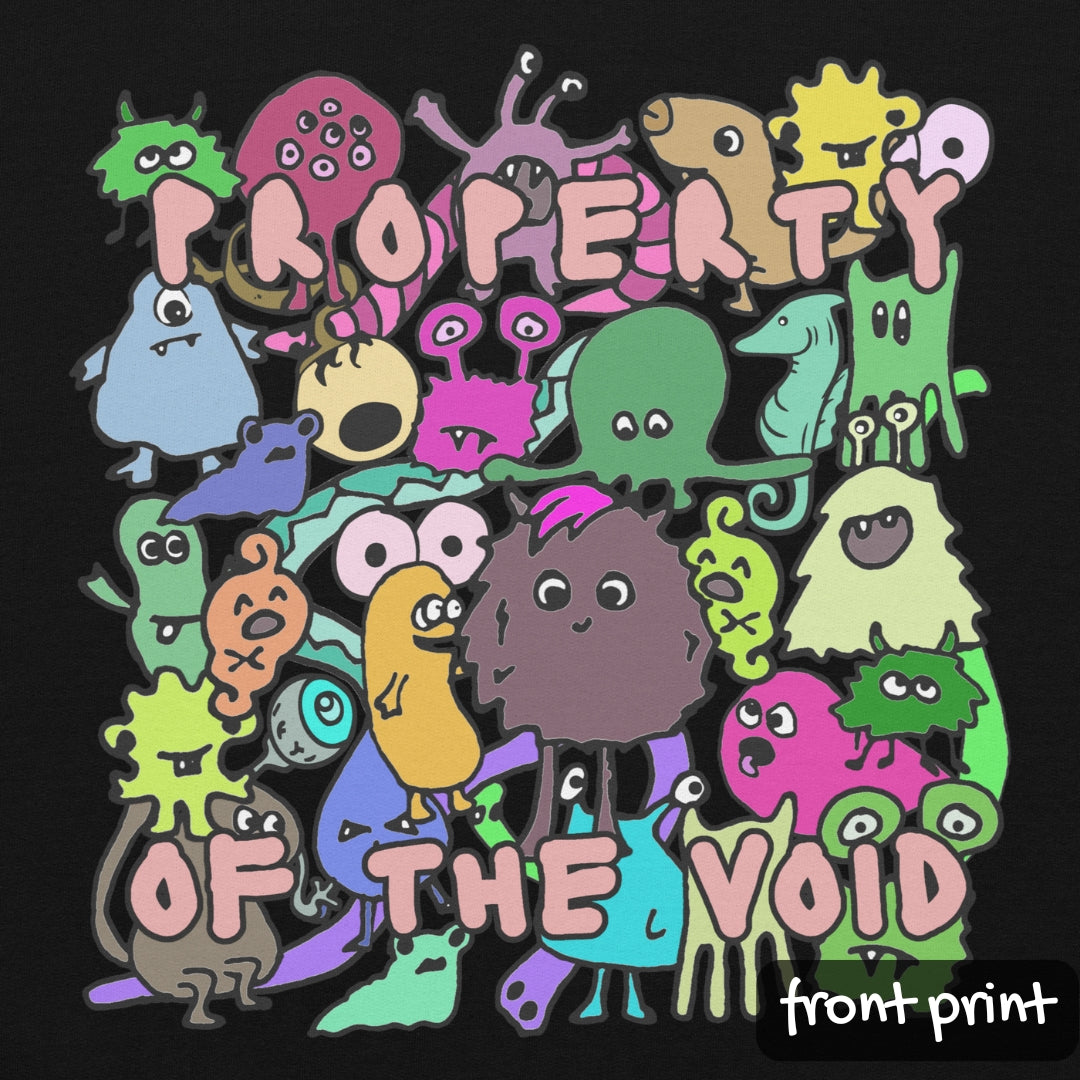 Colorful cartoon characters on a hoodie with 'Property of the Void' text on a black background