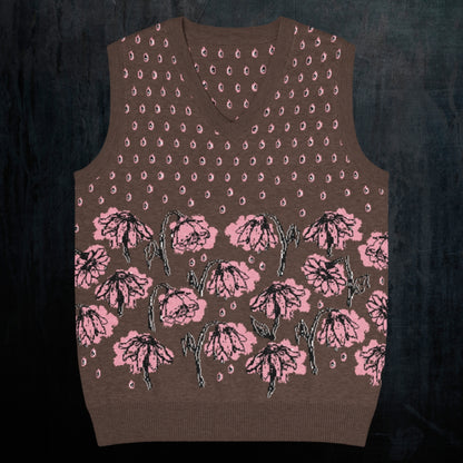 a soil brown knitted vest with crying pink flowers and droplets