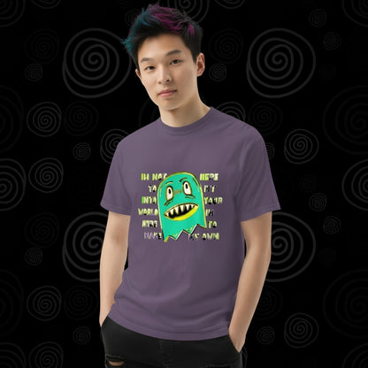 Person wearing a Comfort colors 1717 tee with a monster and text "i'm not her to fit into your world, i'm here to make my own"