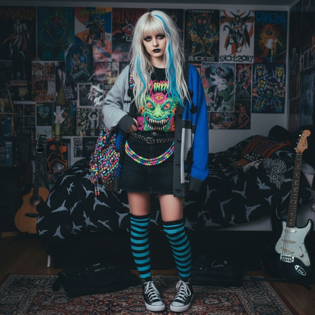 Scene style girl wearing a blue & grey knitted cardigan with a denim skirt and long striped socks