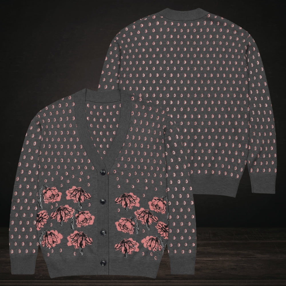 An emotional grey knitted cardigan with tears and crying flowers