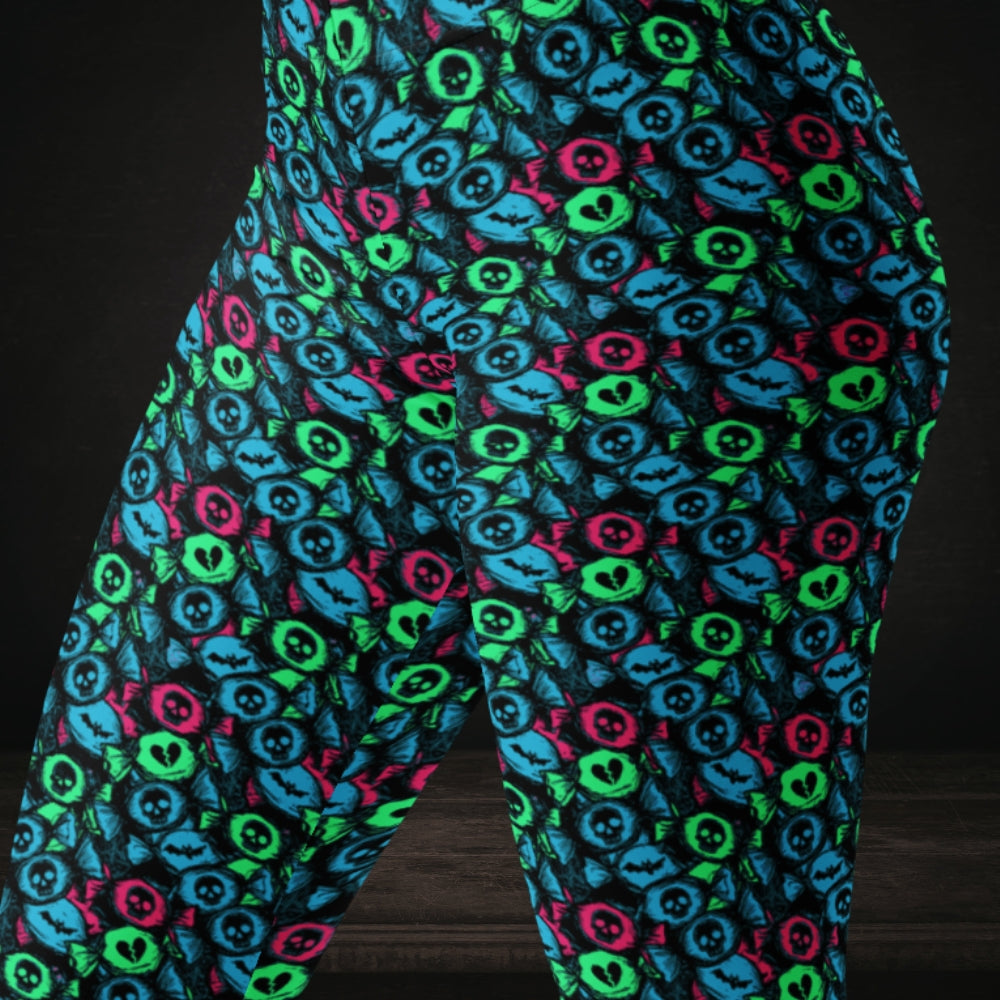 Leggings with skull and broken heart candy in bright scene kid aesthetic shades light blue, green and pink