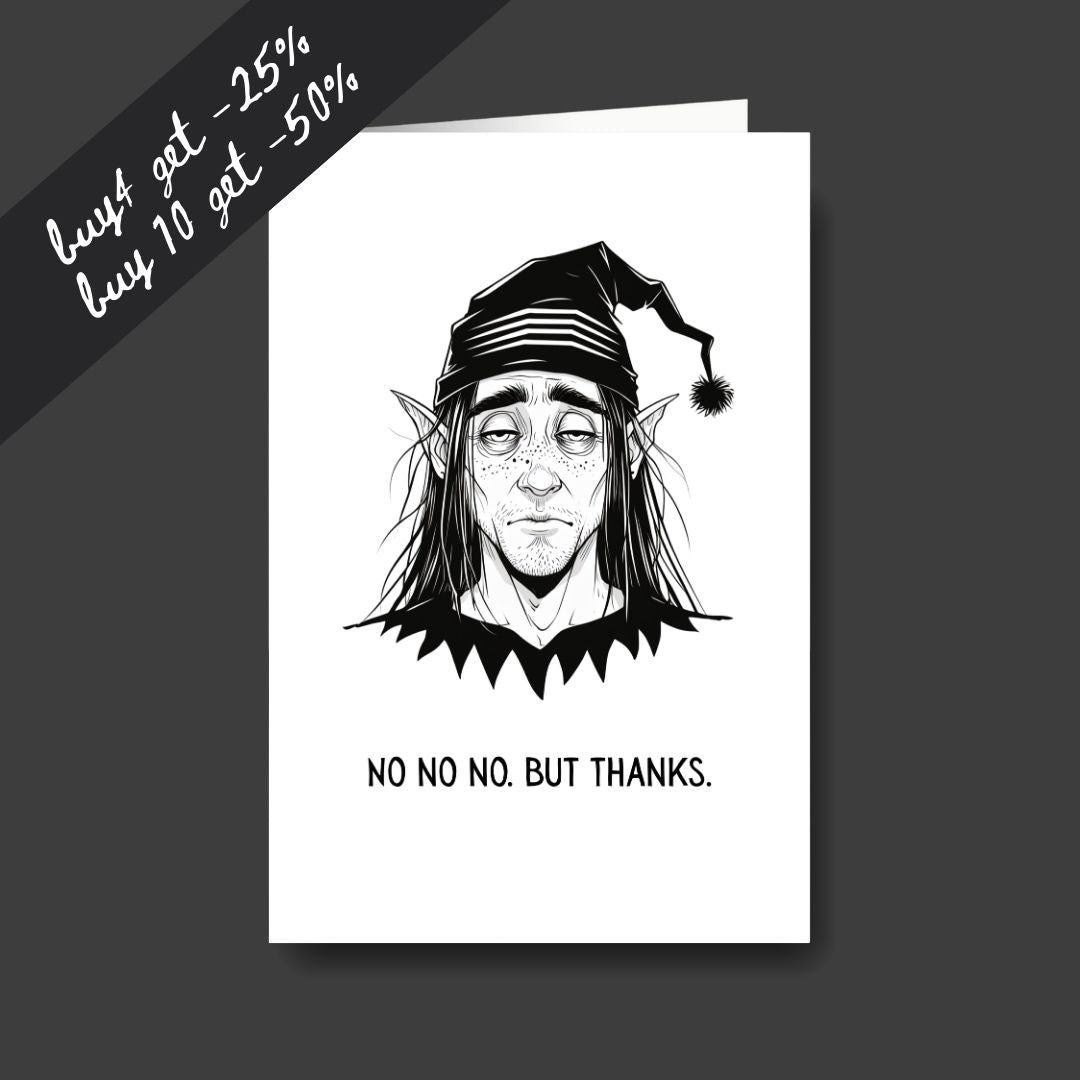 a tired elf sad Christmas greeting card