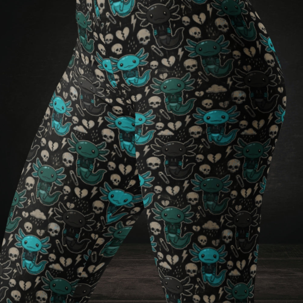 leggings with teal emo axolotls.