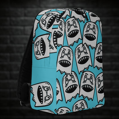 A backpack with large grey grinning goblins on skye blue background