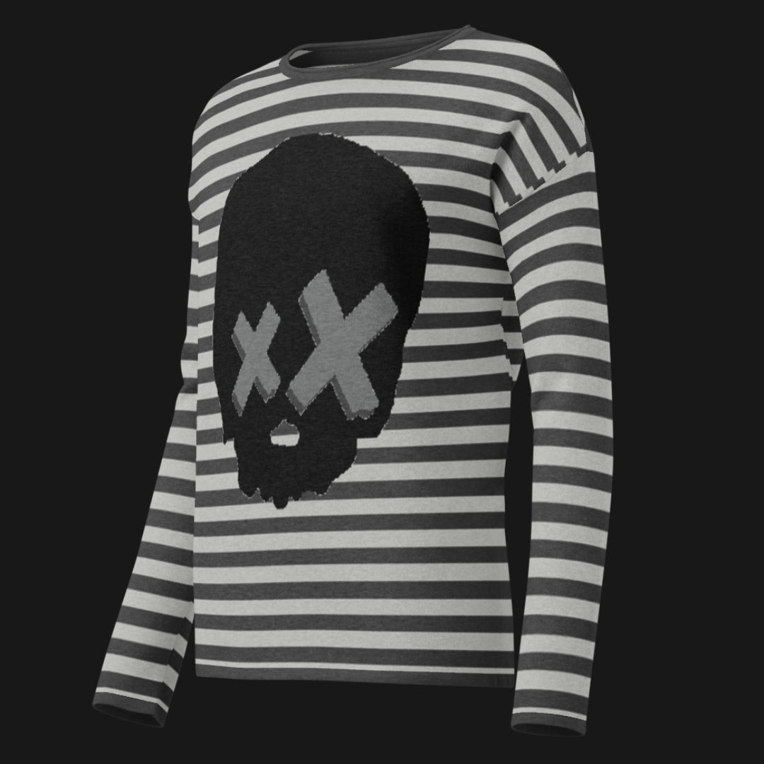 Grey striped sweater with a large x-eyed skull design
