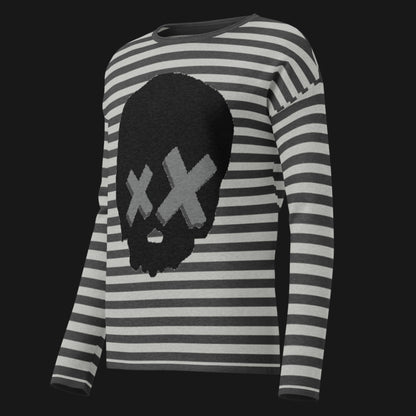 Grey striped sweater with a large x-eyed skull design