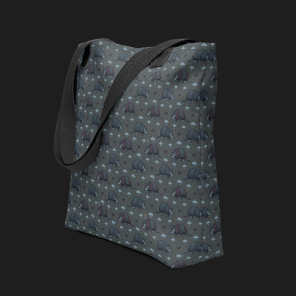 tote bag with an emo armadillo pattern with broken hearts and storm clouds in storm grey