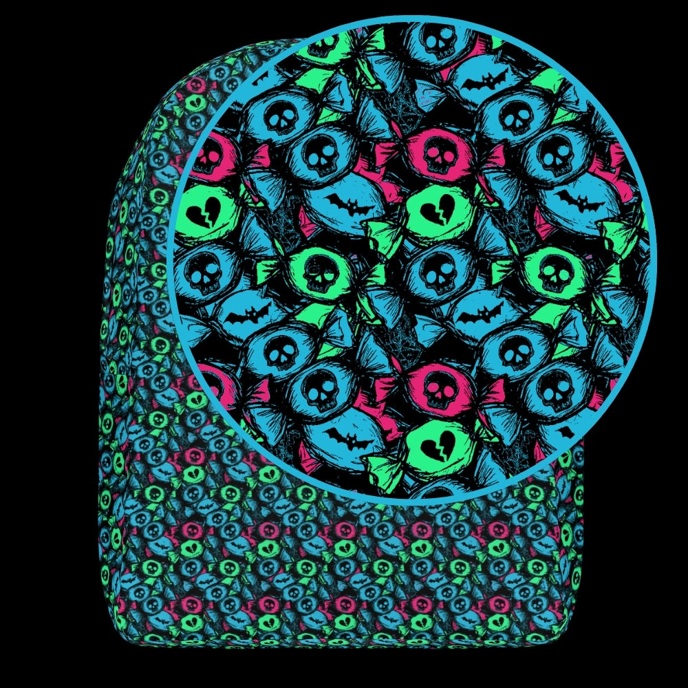 a backpack with an alt emo skull candy pattern in teal pink and green