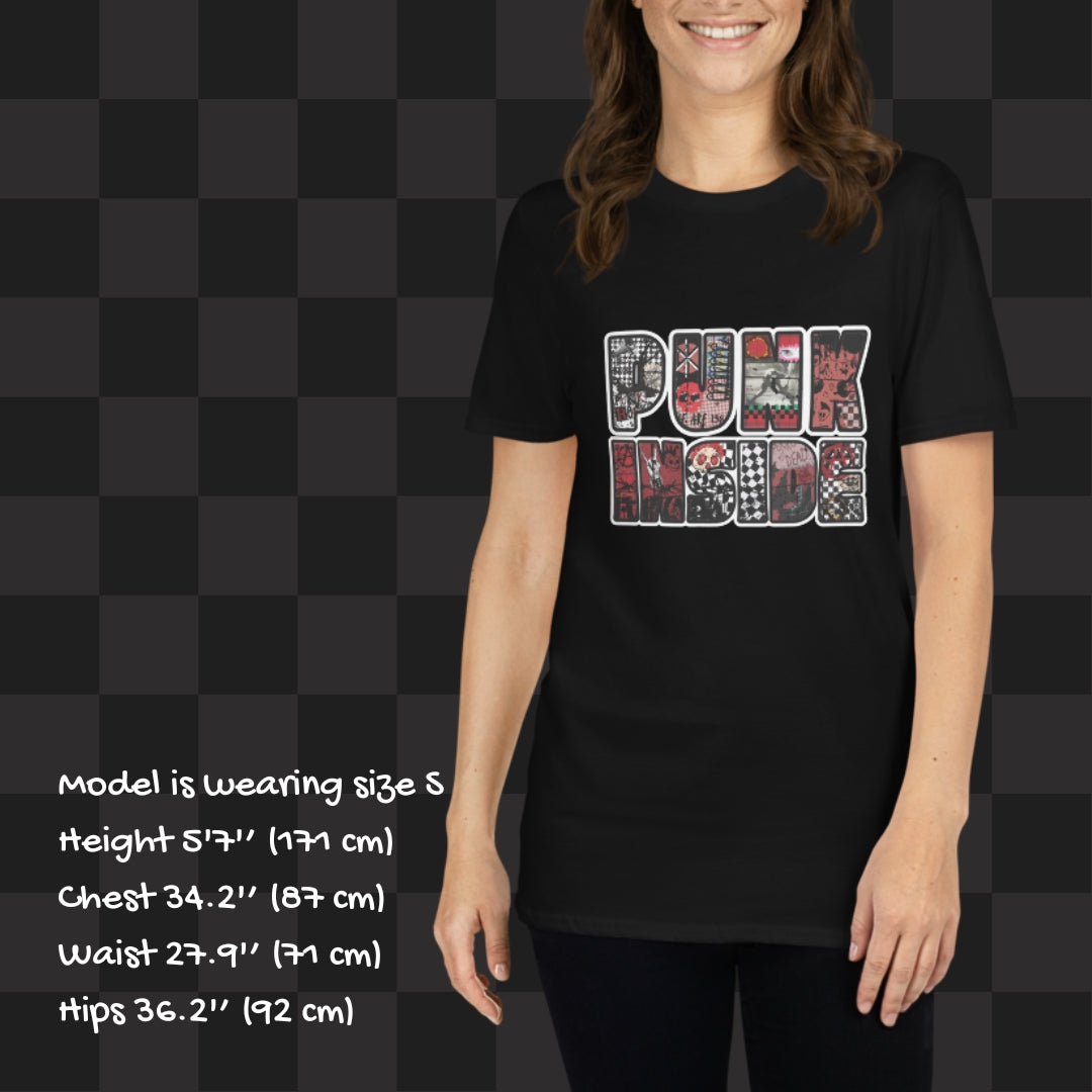 Person wearing a black tee with large "PUNK INSIDE" text and the letters filled with punk symbols collage 