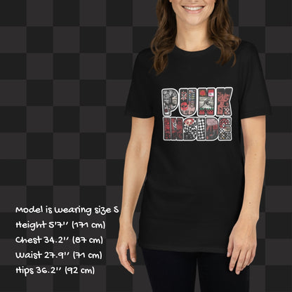 Person wearing a black tee with large "PUNK INSIDE" text and the letters filled with punk symbols collage 
