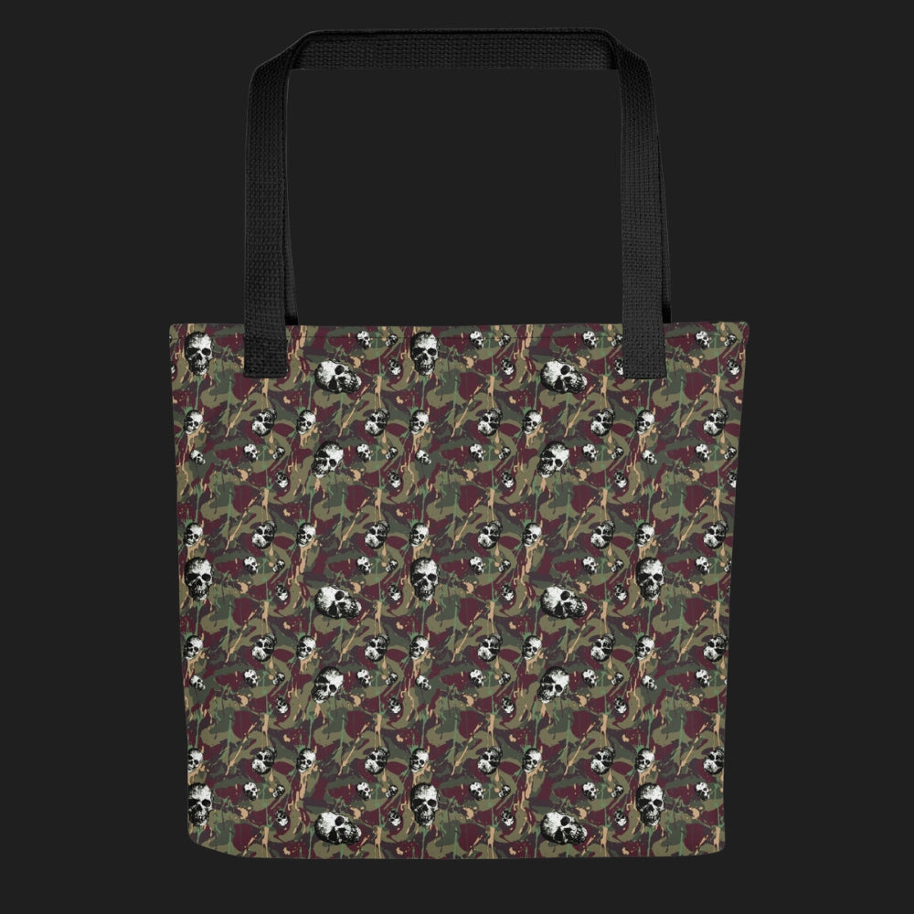 Tote bag with a rebellious camo background, gritty skulls, and paint splatter
