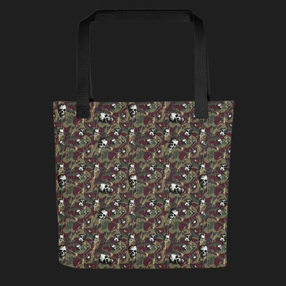 Tote bag with a rebellious camo background, gritty skulls, and paint splatter