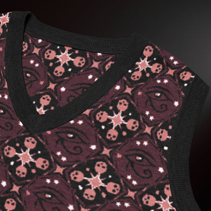 A knit vest with a mysterious eye and skulls pattern in burgundy and pink
