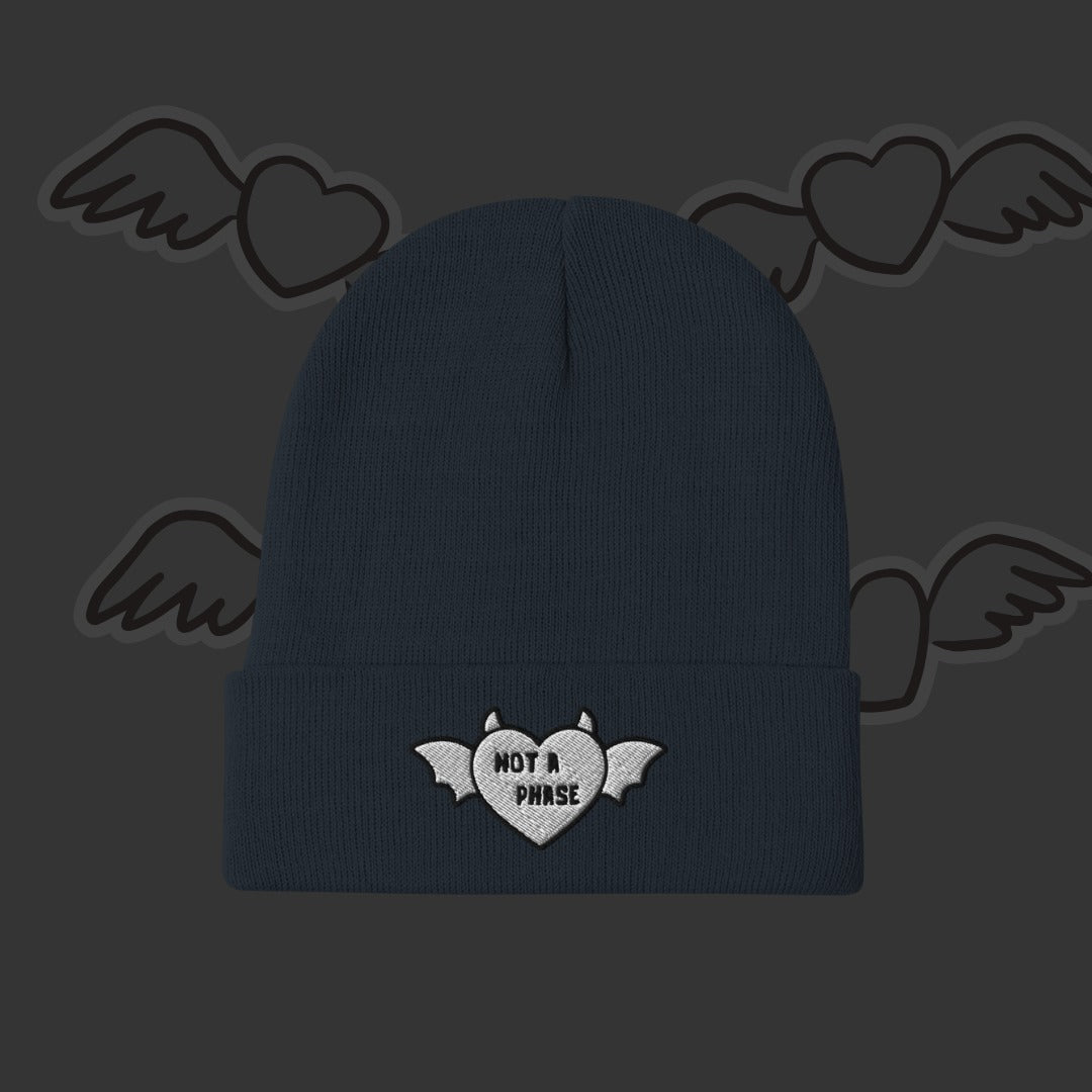 an embroidered beanie with a winged a horned heart and text "not a phase"