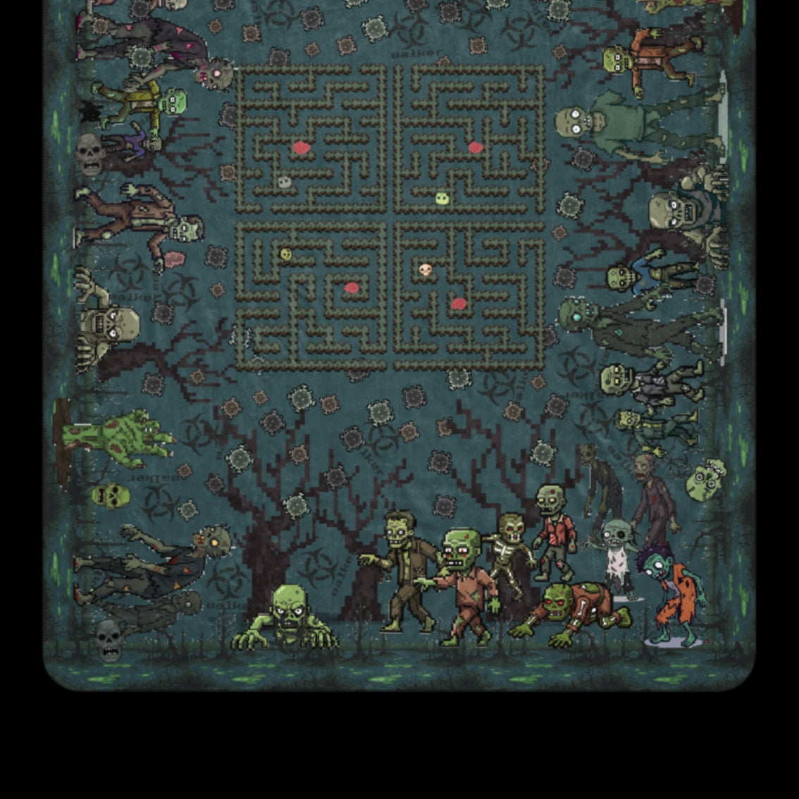 A large sherpa lined blanket featuring a zombie invasion and a maze for finding brains for the zombies