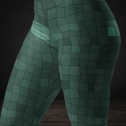 Leggings with an irregular distorted mosaic pattern in teal shades