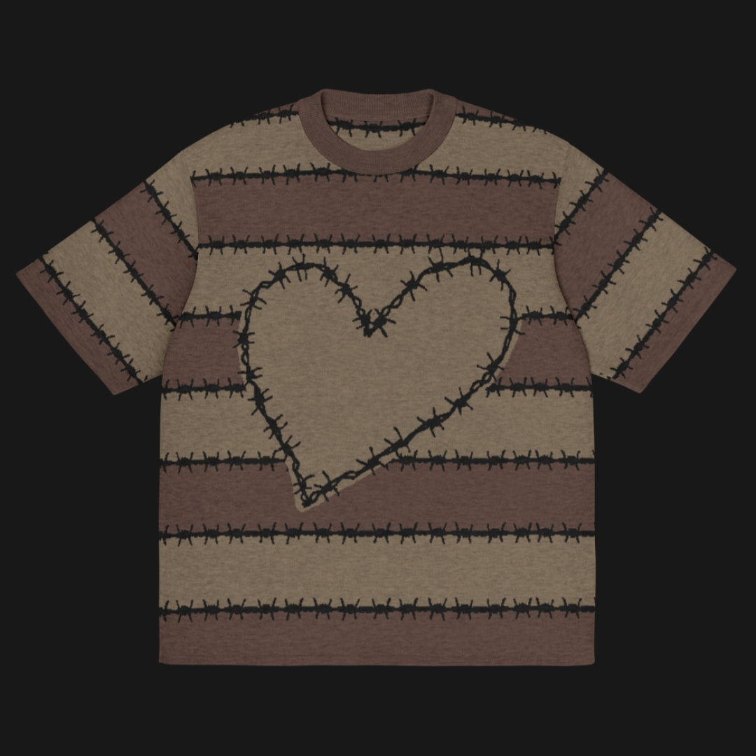 A jacquard knitted tee in dark moody shades, featuring stripes and a large heart lined with barbed wire