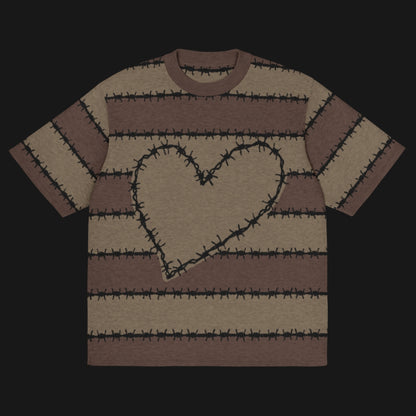 A jacquard knitted tee in dark moody shades, featuring stripes and a large heart lined with barbed wire