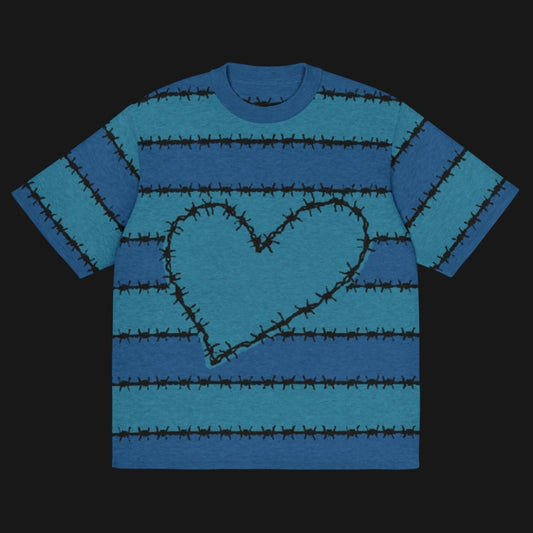 A knitted tee with barbed stripes and a barbed heart
