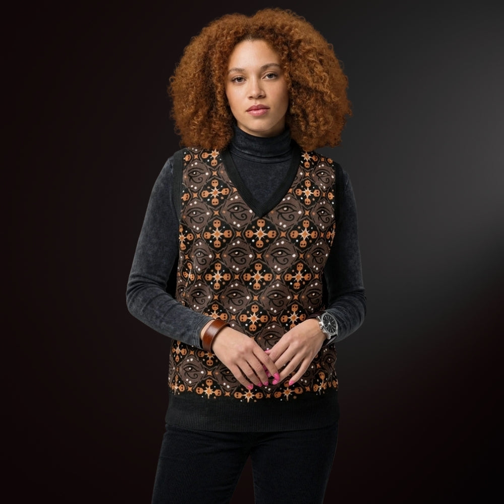 Cool person wearing a knit vest with a mysterious eye and skulls pattern in brown and orange