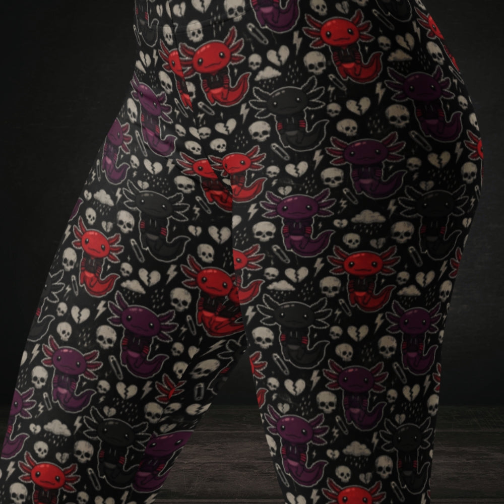 leggings with red and purple emo axolotls.