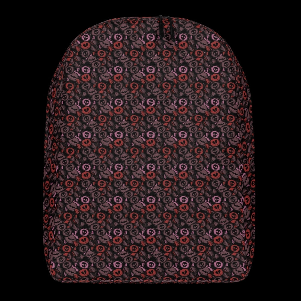 a backpack with an alt emo skull candy pattern in burgundy pink and red