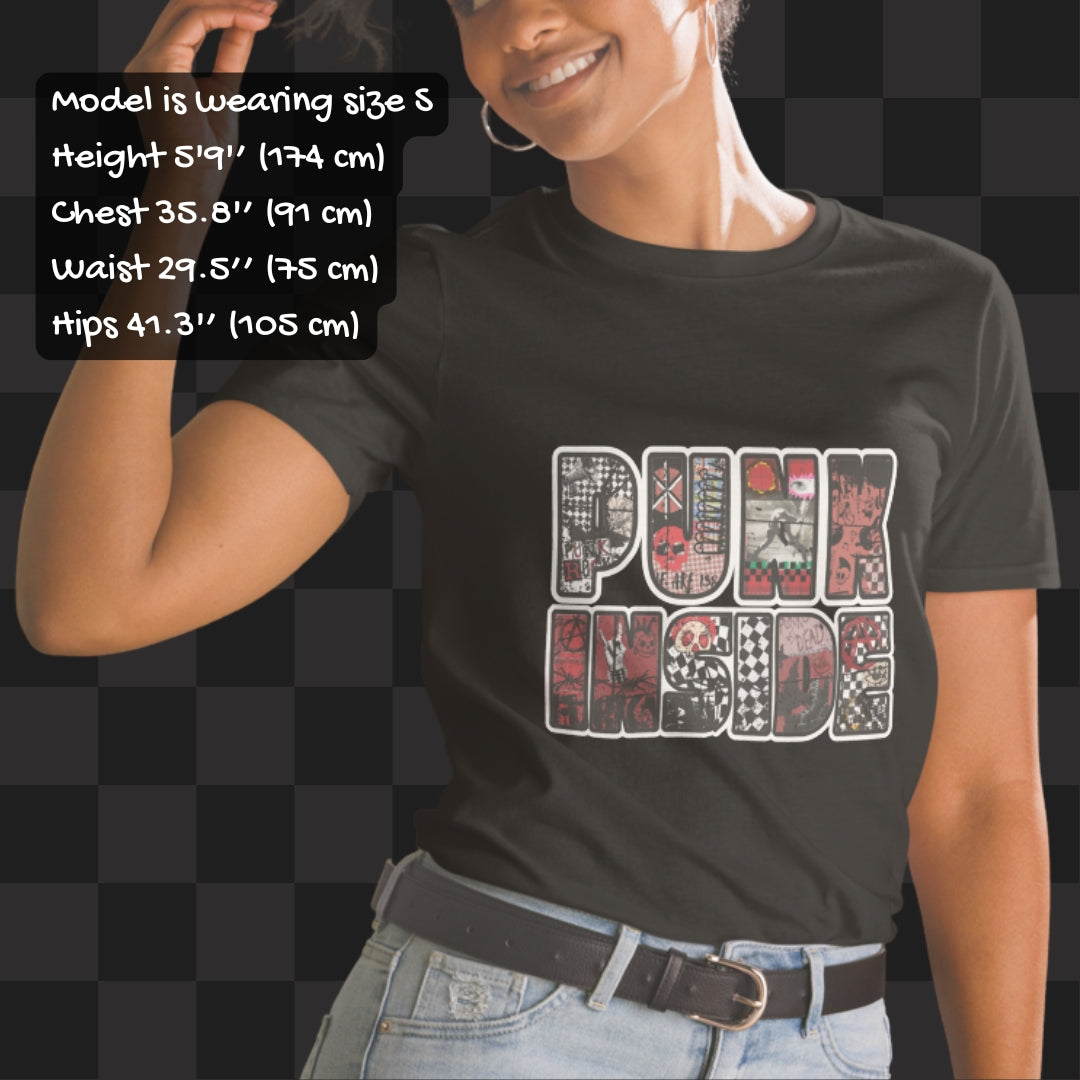 Person wearing a black tee with large "PUNK INSIDE" text and the letters filled with punk symbols collage 