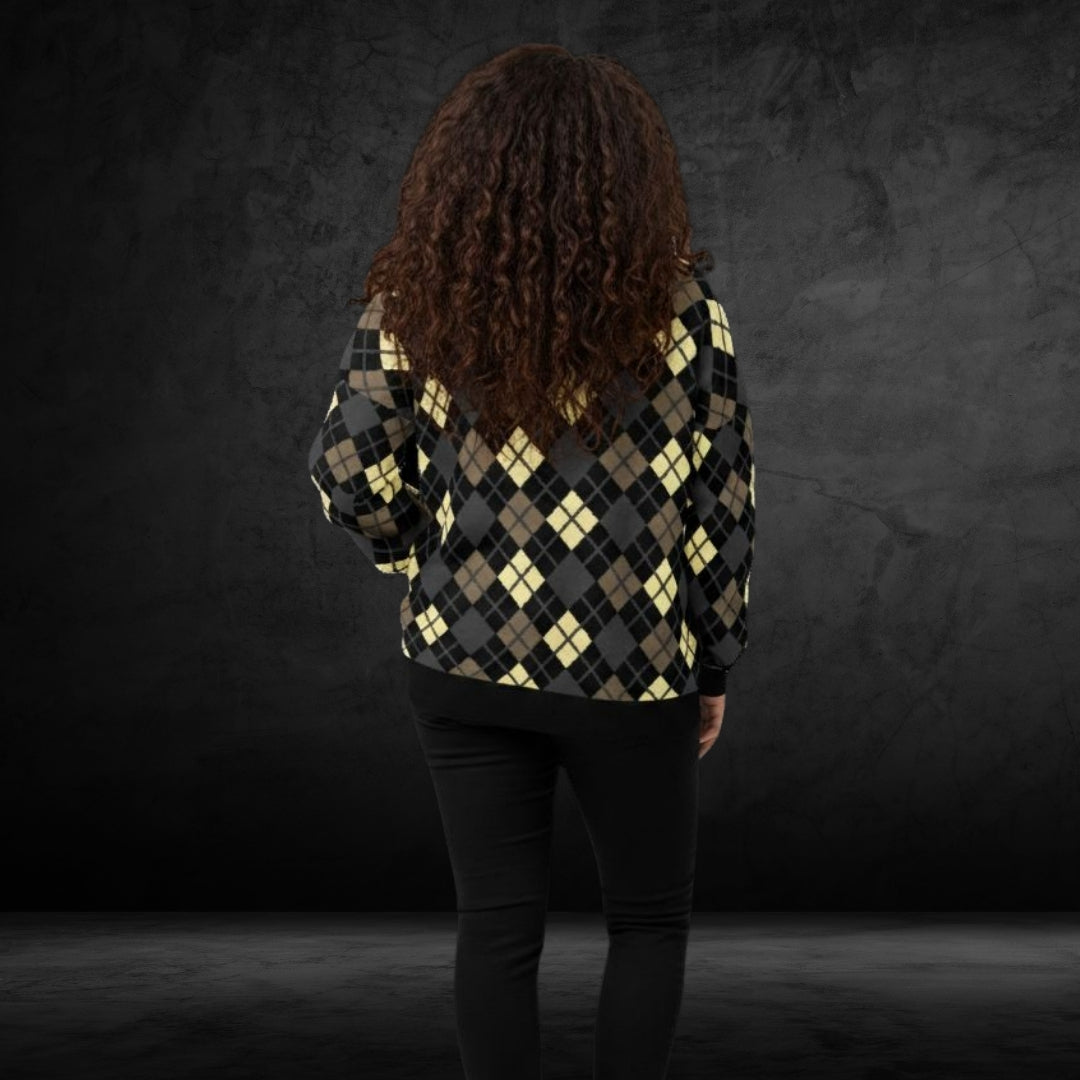 A woman wearing a black based argyle pattern in unusual colors as oversized knitted sweater