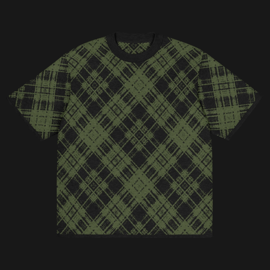 A dark black and olive broken plaid pattern knitted tee