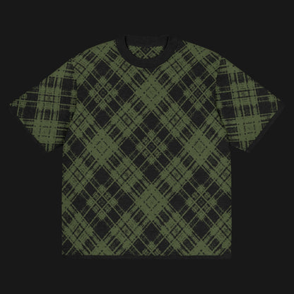 A dark black and olive broken plaid pattern knitted tee