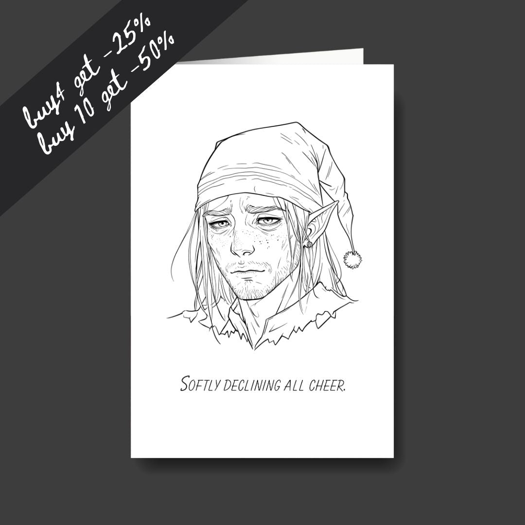 a tired elf sad Christmas greeting card