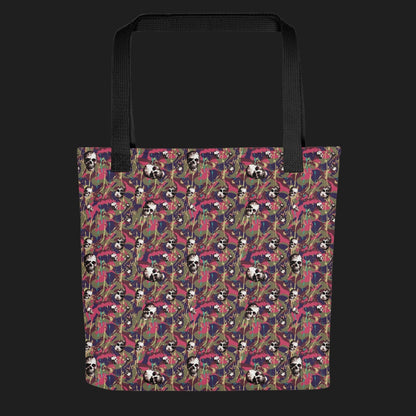 Tote bag with a rebellious camo background, gritty skulls, and purple pink paint splatter