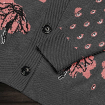 An emotional grey knitted cardigan with tears and crying flowers