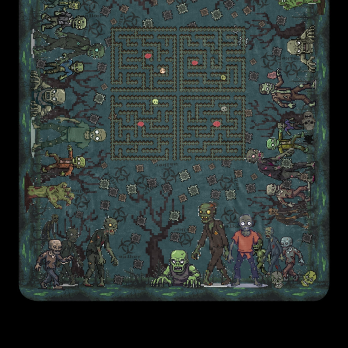 A large sherpa lined blanket featuring a zombie invasion and a maze for finding brains for the zombies