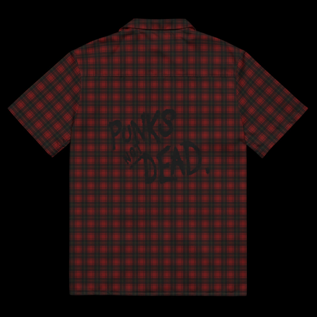A dark red punk tartan pattern short sleeve shirt with back print Punks not dead.