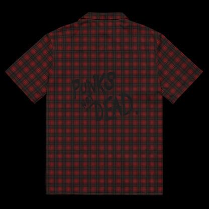 A dark red punk tartan pattern short sleeve shirt with back print Punks not dead.