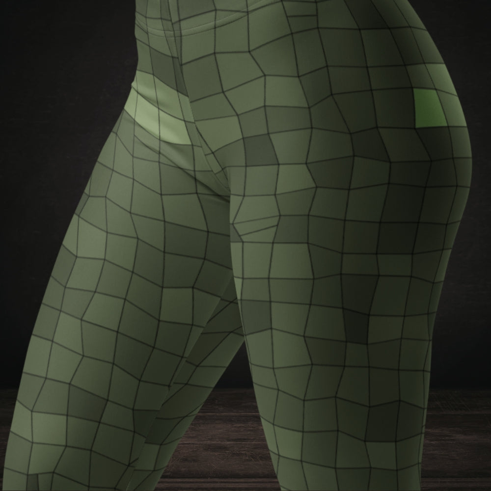 Leggings with an irregular distorted mosaic pattern in olive shades