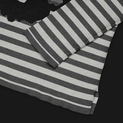 Grey striped sweater with a large x-eyed skull design