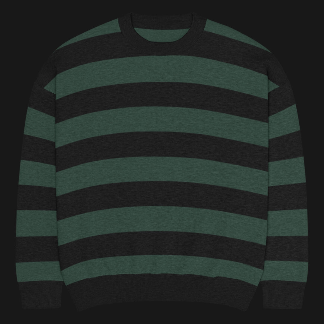 a grunge striped sweater with wide black and dark stripes