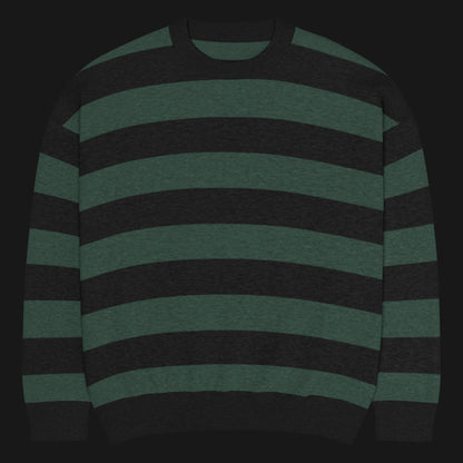 a grunge striped sweater with wide black and dark stripes