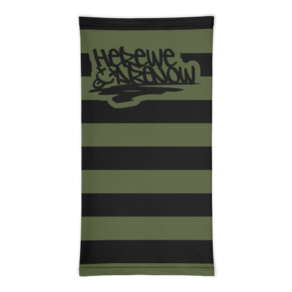 a neck gaiter with wide grunge style stripes and text "here we are noW"