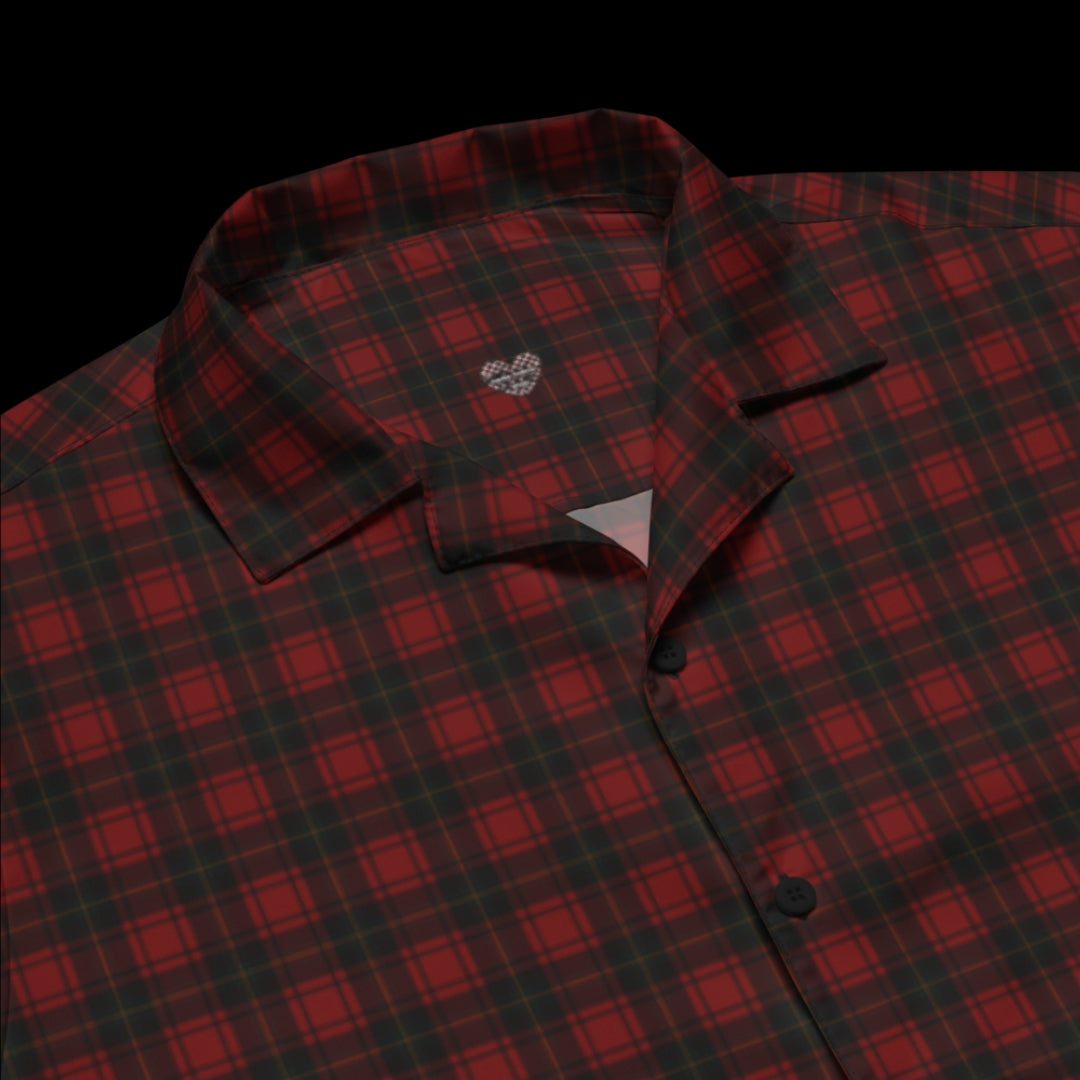 A dark red punk tartan pattern short sleeve shirt with back print Punks not dead.